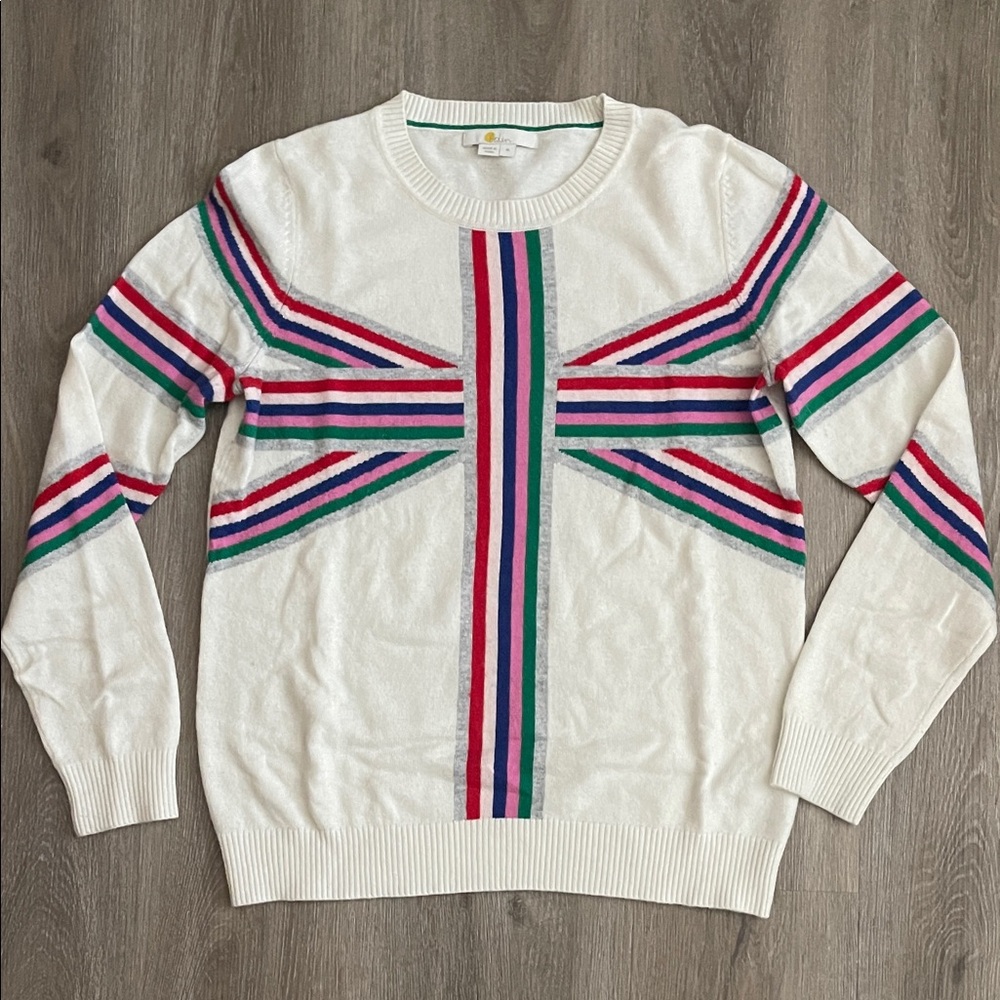 Boden Women's Cream Sweater with Red, Green, and Pink Stripes